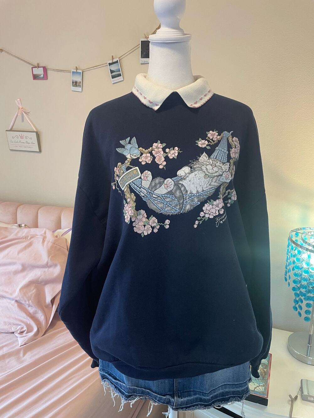 morning sun navy cottage core kitty crew neck